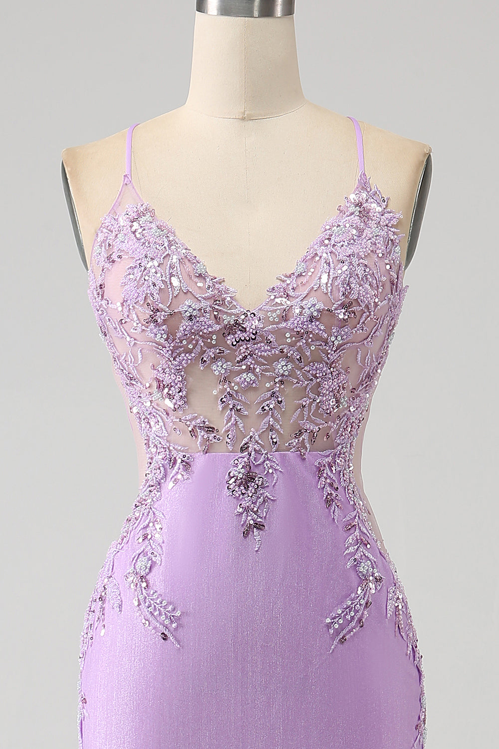 Robe de bal longue lilas sirène tendance à fines bretelles avec appliques et perles