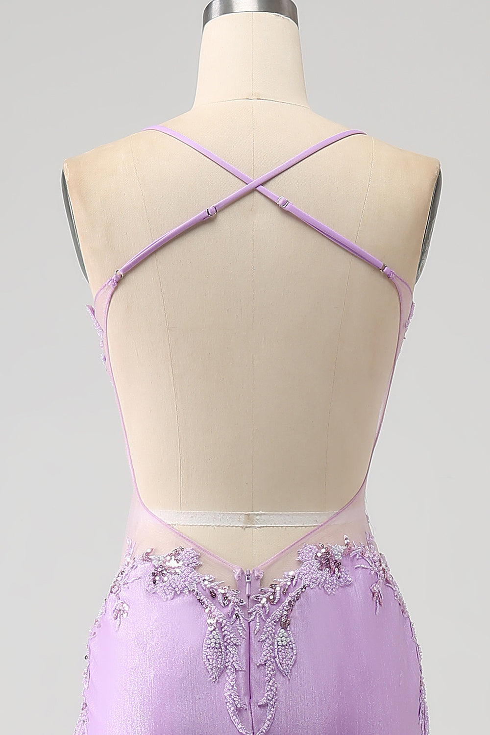 Robe de bal longue lilas sirène tendance à fines bretelles avec appliques et perles