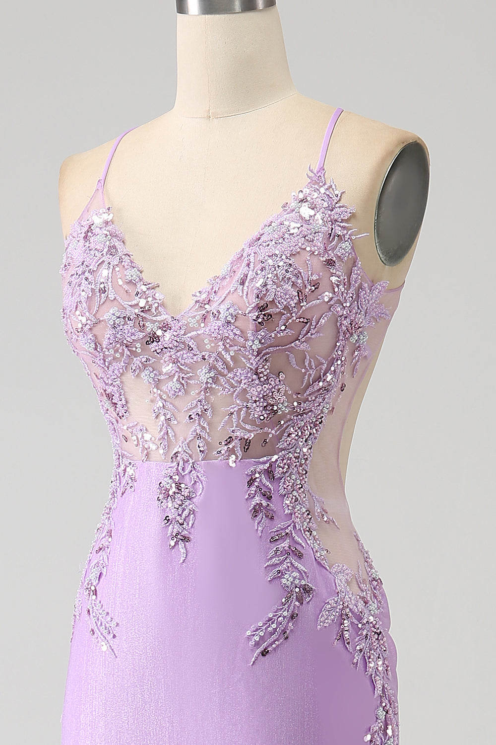 Robe de bal longue lilas sirène tendance à fines bretelles avec appliques et perles