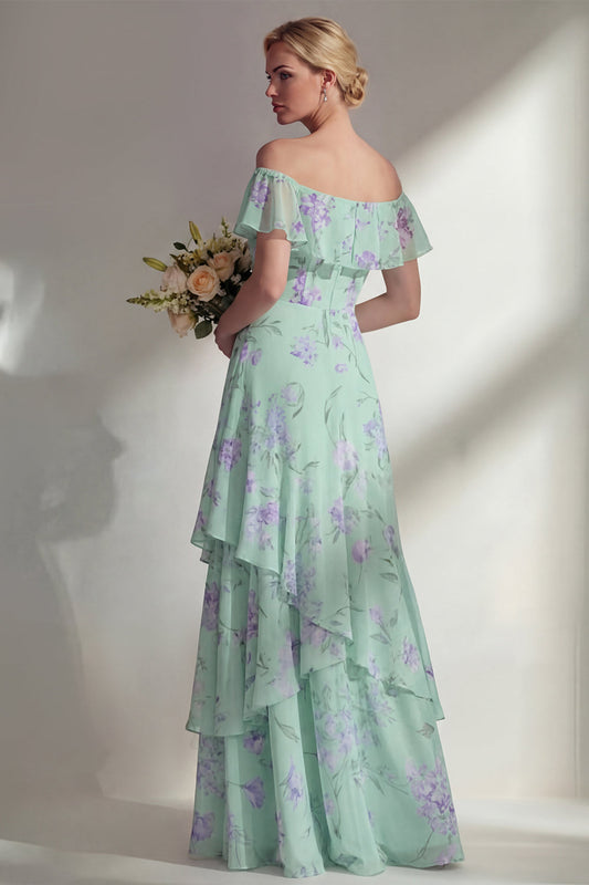 Green A Line Chiffon Off the Shoulder Printed Floral Long Bridesmaid Dress with Ruffles