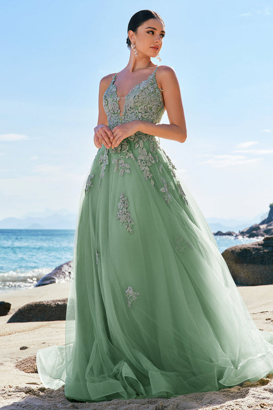 Robe de bal longue verte à fines bretelles et dos croisé