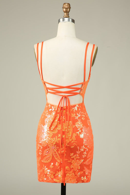 Magnifique robe de bal moulante orange à lacets et paillettes