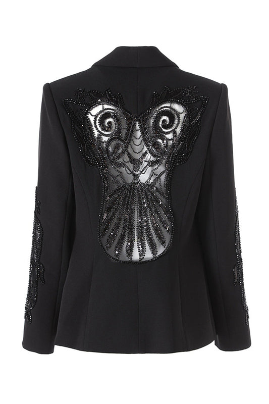Blazer Noir à Un Bouton Revers Châle Orné de Perles