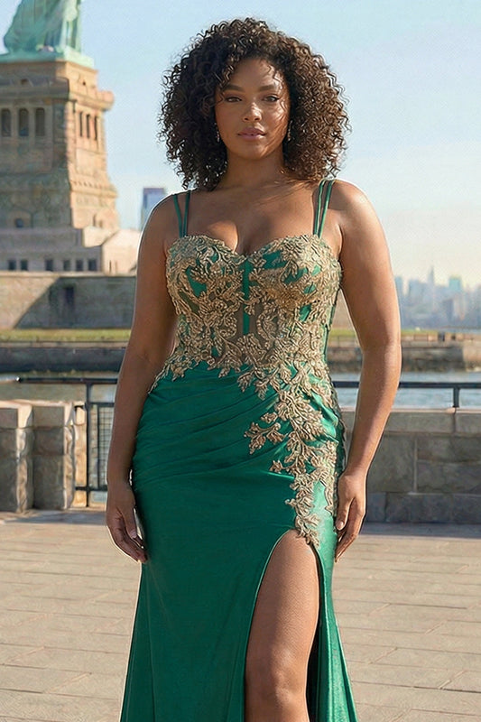 Robe de bal longue grande taille à paillettes de sirène vert foncé et perles avec fente