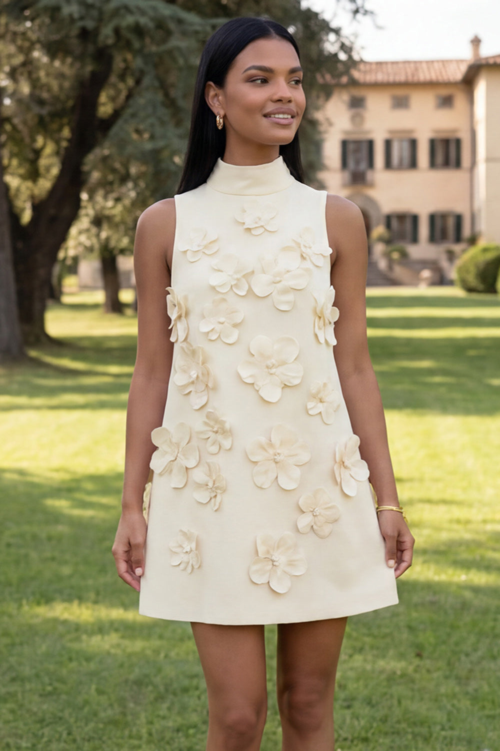 Yellow Round Neck Bodycon Homecoming Dress with 3D Flowers
