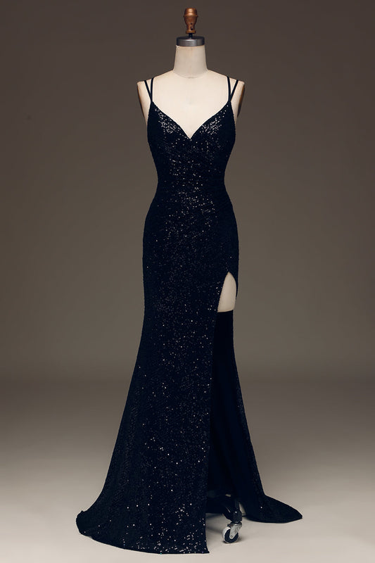 Robe de bal longue sirène fendue à paillettes noires scintillantes