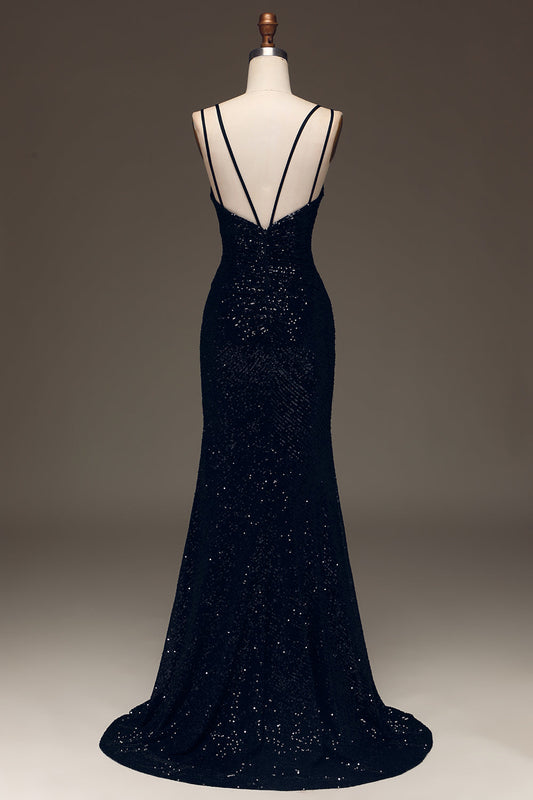 Robe de bal longue sirène fendue à paillettes noires scintillantes