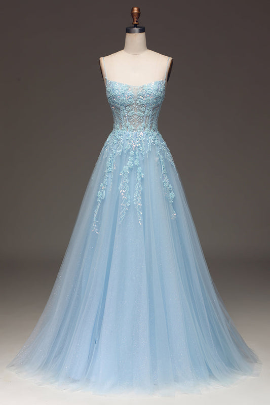 A-Line Light Blue Sequin Spaghetti Straps Prom Dress With Appliques