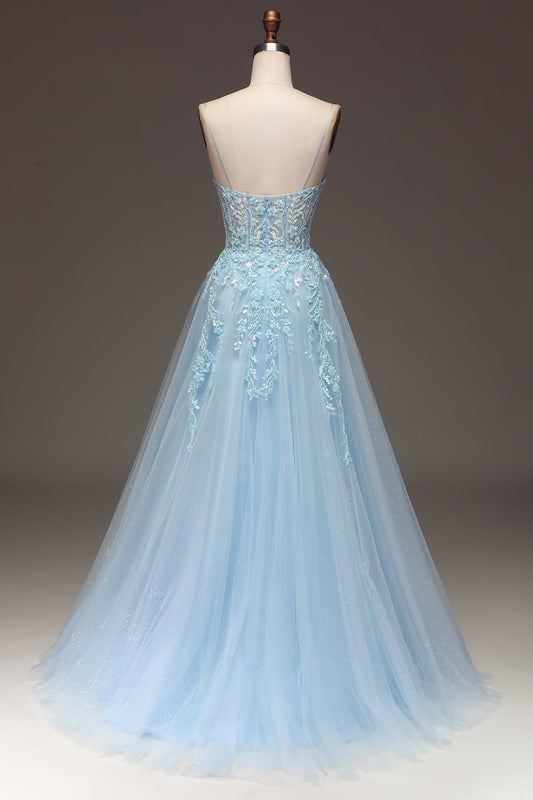 A-Line Light Blue Sequin Spaghetti Straps Prom Dress With Appliques