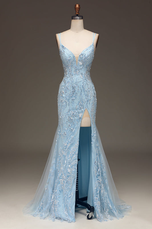 Blue Beaded Tulle Mermaid Prom Dress