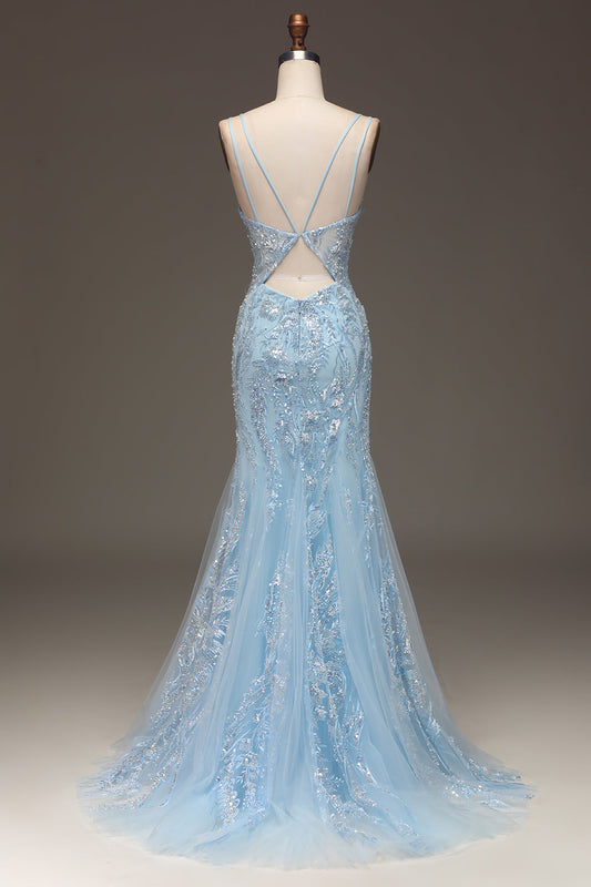 Blue Beaded Tulle Mermaid Prom Dress