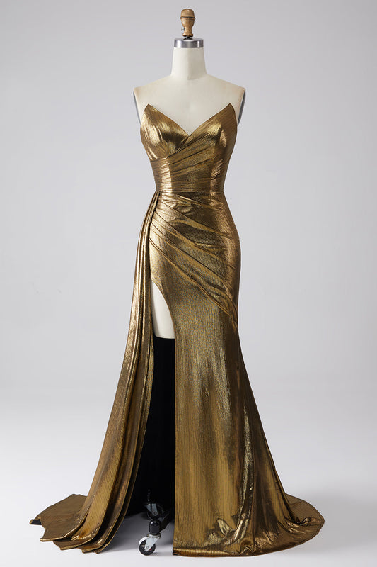 Vestido Largo de Gala Dorado con Abertura de Sirena Brillante