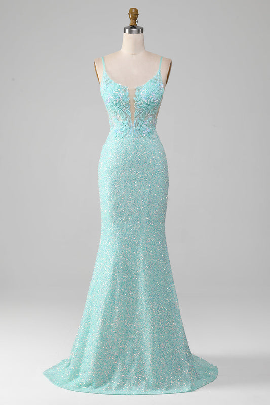 Vestido de fiesta de sirena brillante con lentejuelas y abertura