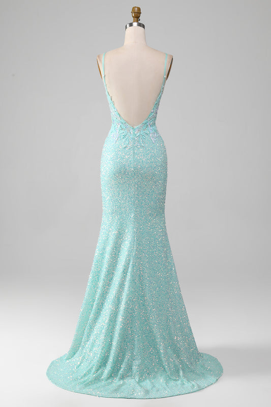 Vestido de fiesta de sirena brillante con lentejuelas y abertura