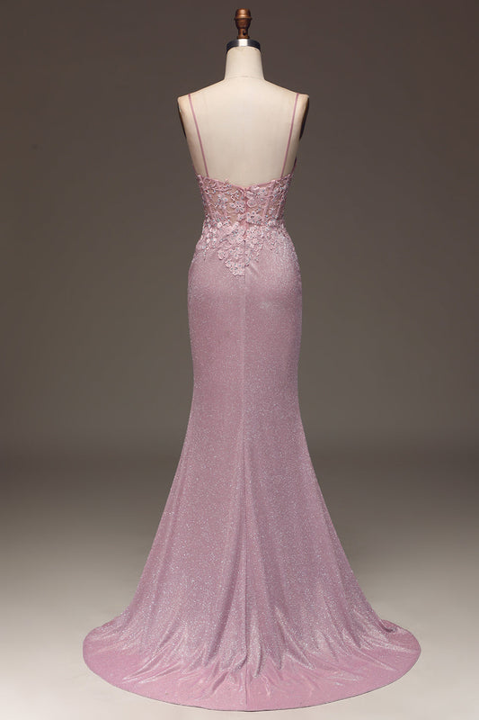 Sparkly Pale Pink Mermaid Long Graduation Dress with Thin Straps and Beads
