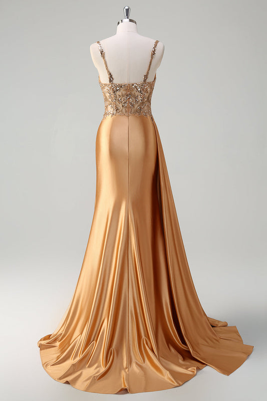 Robe de bal sirène champagne étincelante avec traîne Watteau, corset à sequins et fente en satin
