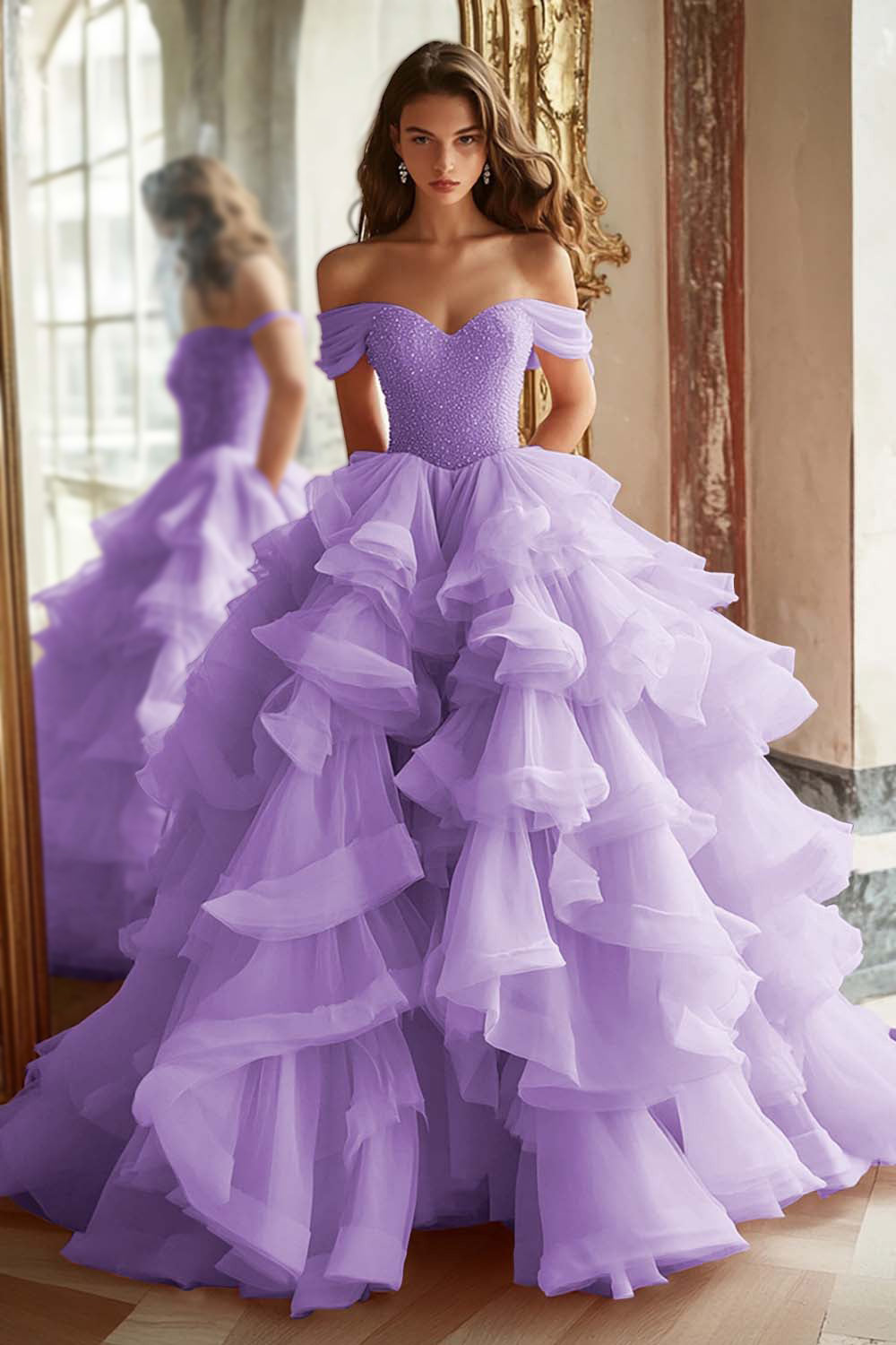Pink Princess Off-The-Shoulder Tiered Ruffled Long Prom Dress with Sequins