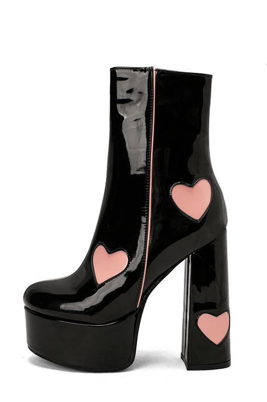 Platform Boots with Block Heel and PU Leather Hearts