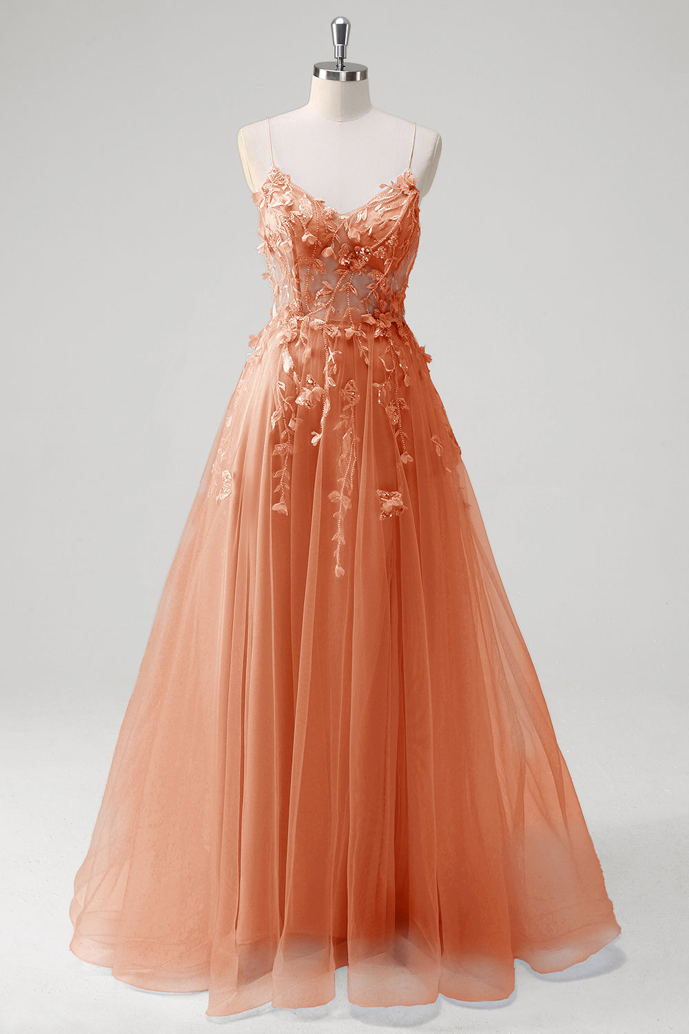 Blue A-Line Spaghetti Strap Appliqued Corset Long Tulle Prom Dress