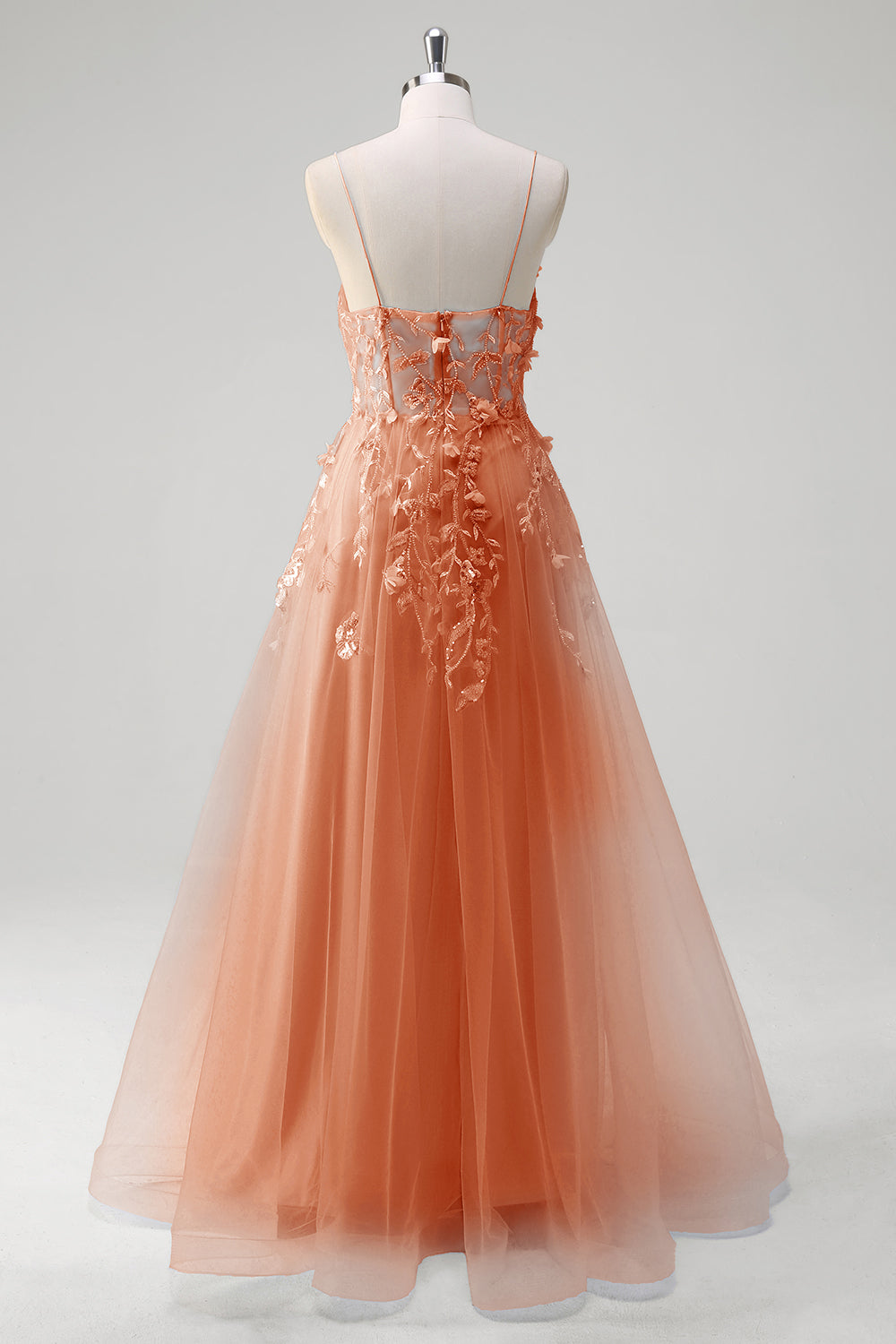 Blue A-Line Spaghetti Strap Appliqued Corset Long Tulle Prom Dress
