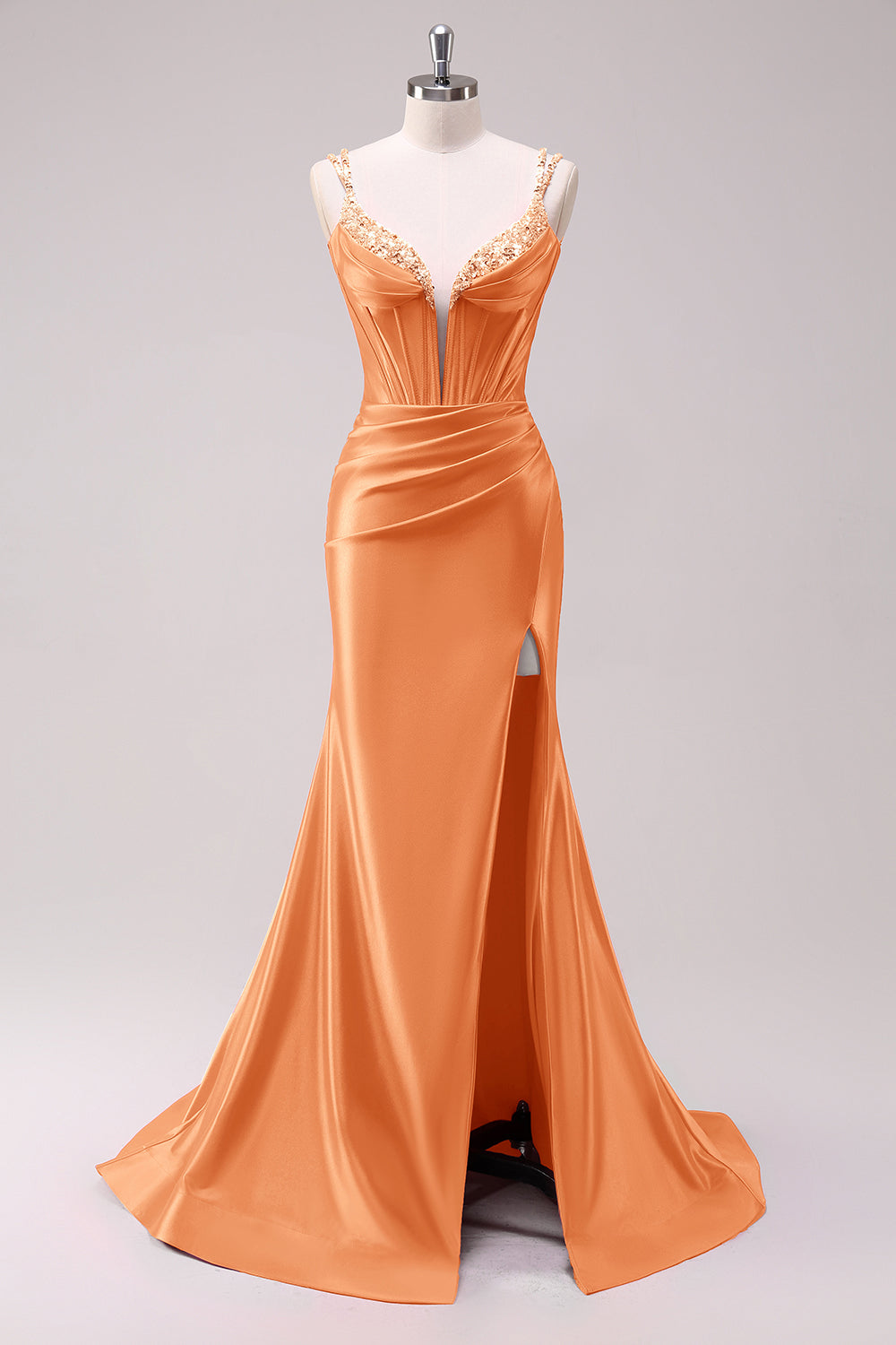 Robe de Bal Sirène Vert Sauge à Bretelles Fines avec Corset et Paillettes, Fendue