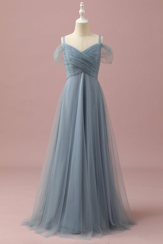 Vestido de dama de honor junior de tul con hombros descubiertos gris azulado