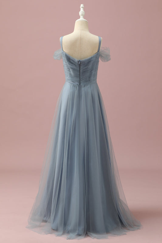 Vestido de dama de honor junior de tul con hombros descubiertos gris azulado