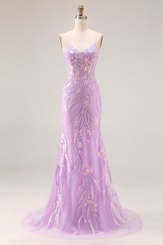 Robe de soirée longue sirène violette étincelante avec corsage à sequins et appliques en dentelle