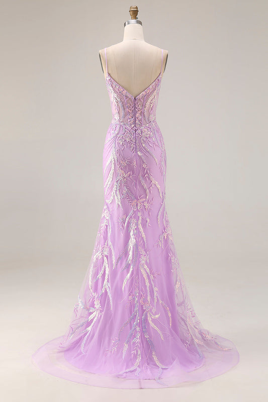 Robe de soirée longue sirène violette étincelante avec corsage à sequins et appliques en dentelle