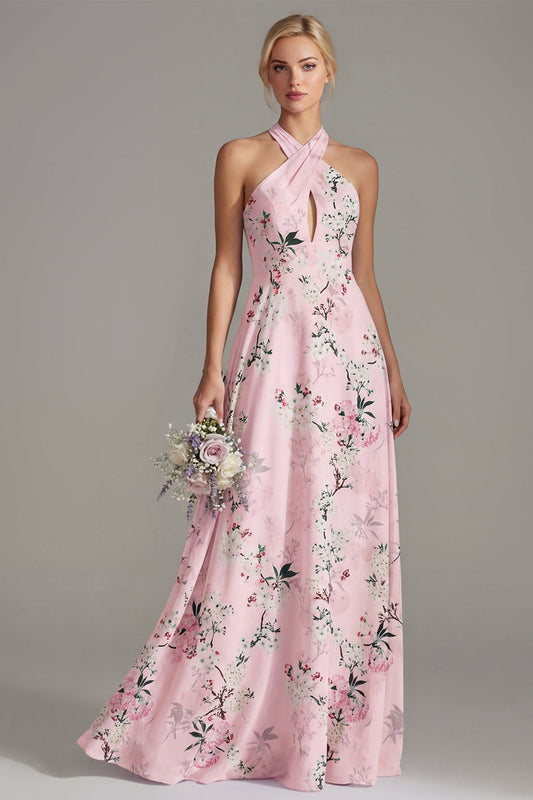Pink A-Line Halter Neck Floral Long Bridesmaid Dress