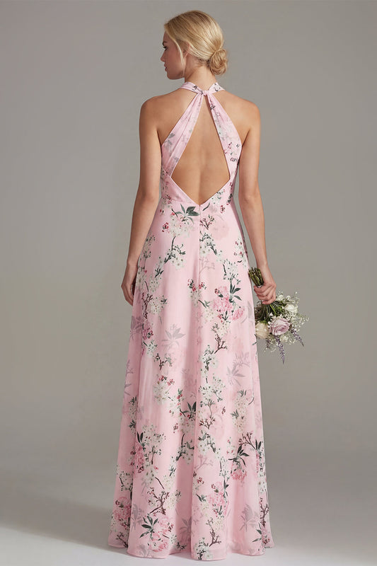 Pink A-Line Halter Neck Floral Long Bridesmaid Dress