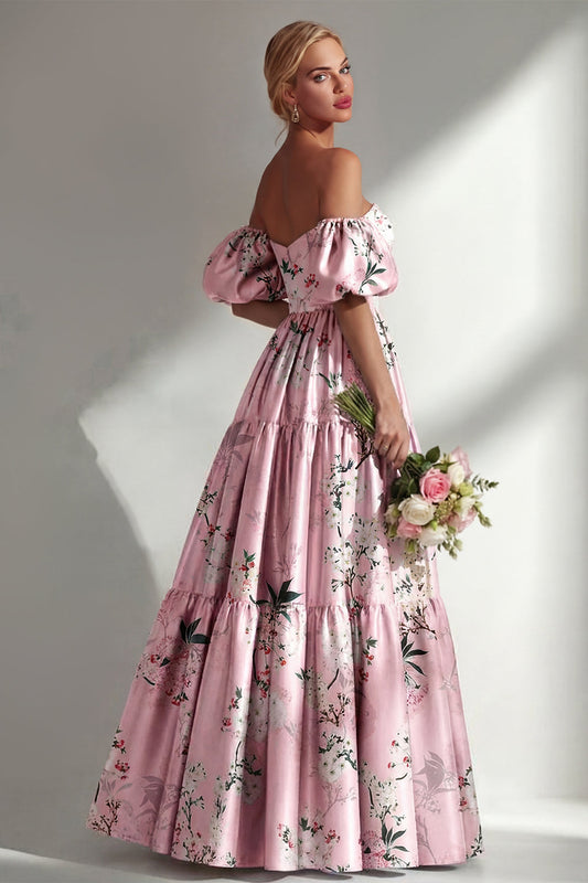A-Line Pink Strapless Floral Long Bridesmaid Dress with Puff Sleeves