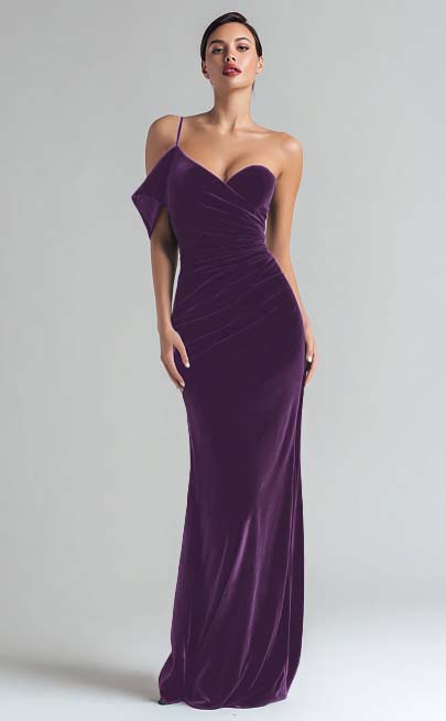 Robe de soirée longue fourreau en velours vert foncé à une épaule