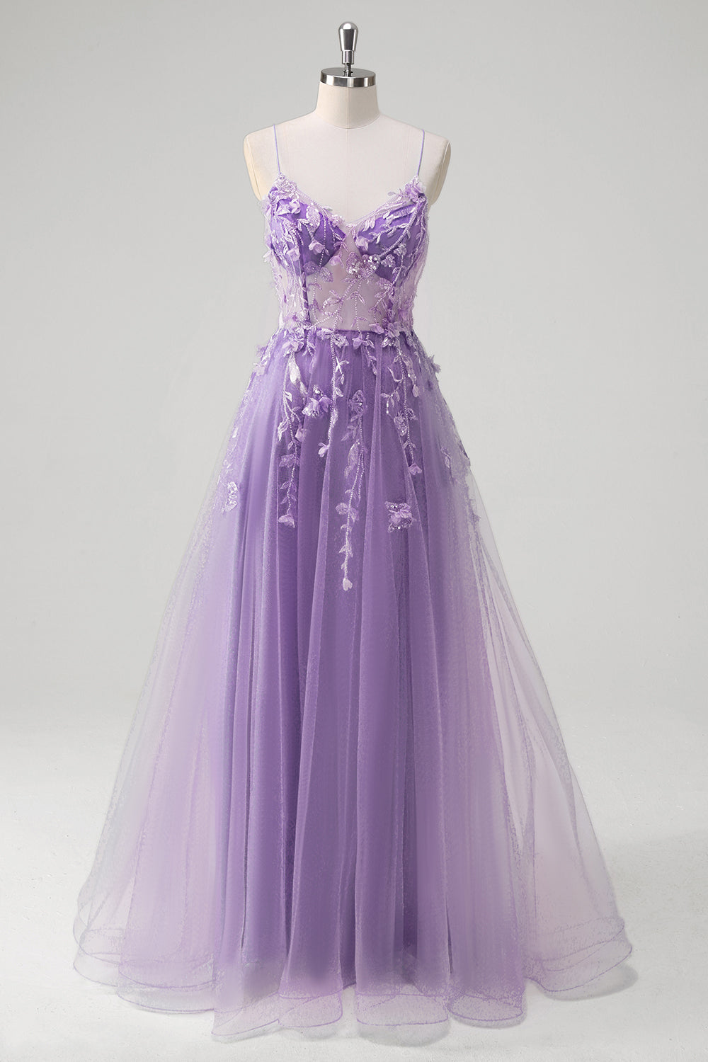 Blue A-Line Spaghetti Strap Appliqued Corset Long Tulle Prom Dress