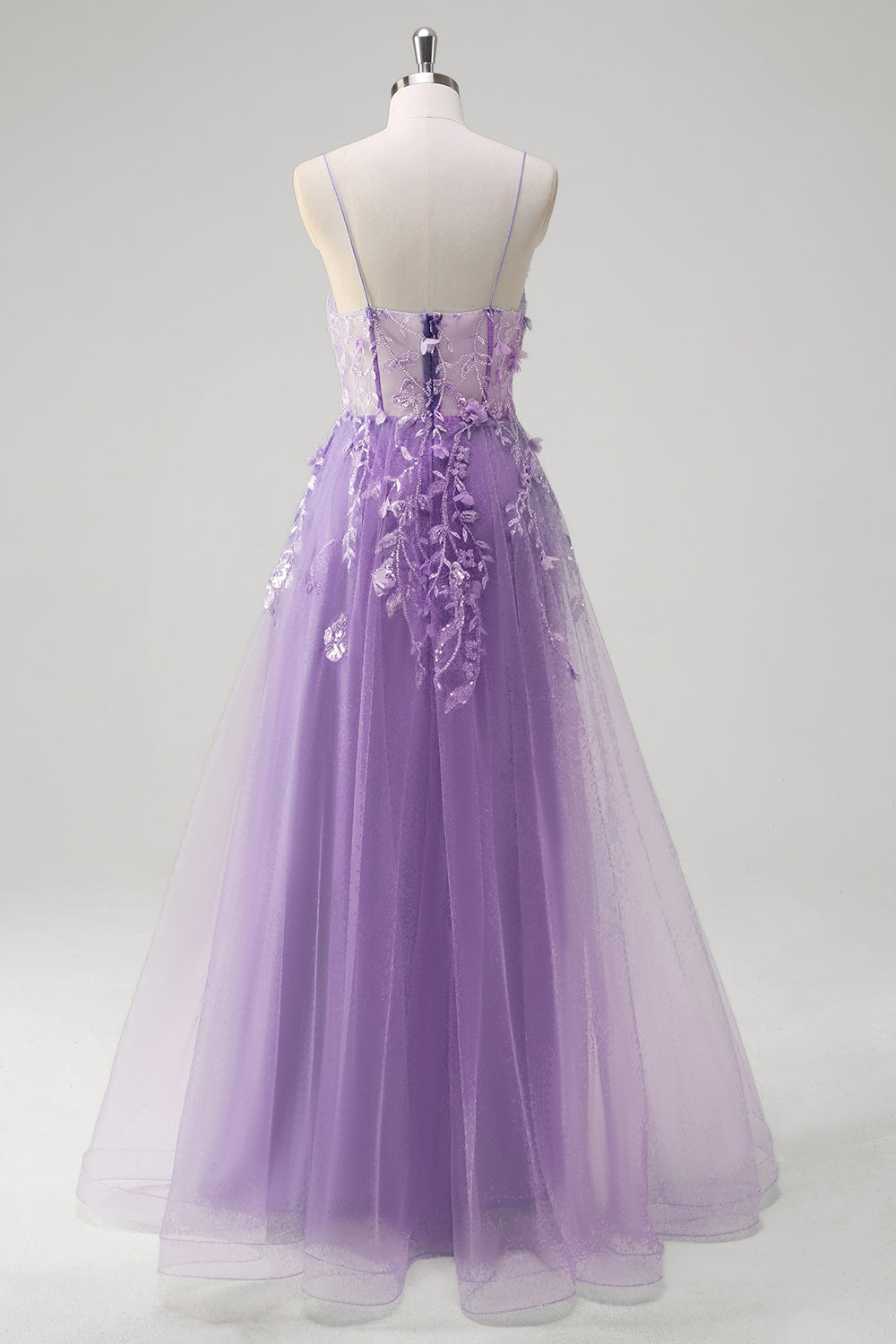 Blue A-Line Spaghetti Strap Appliqued Corset Long Tulle Prom Dress