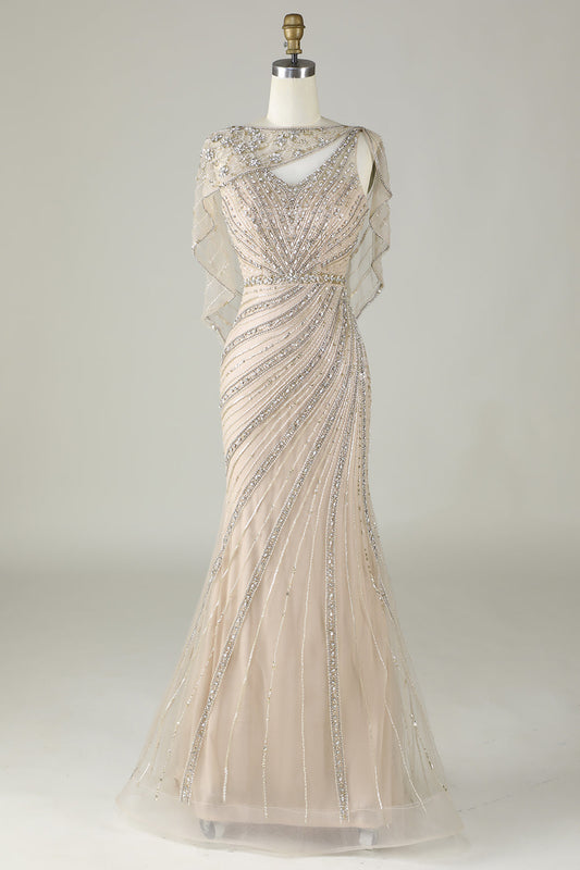 Robe longue de bal sirène perlée champagne étincelante avec drapé