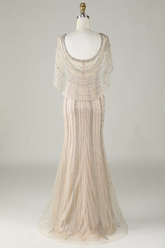 Robe longue de bal sirène perlée champagne étincelante avec drapé