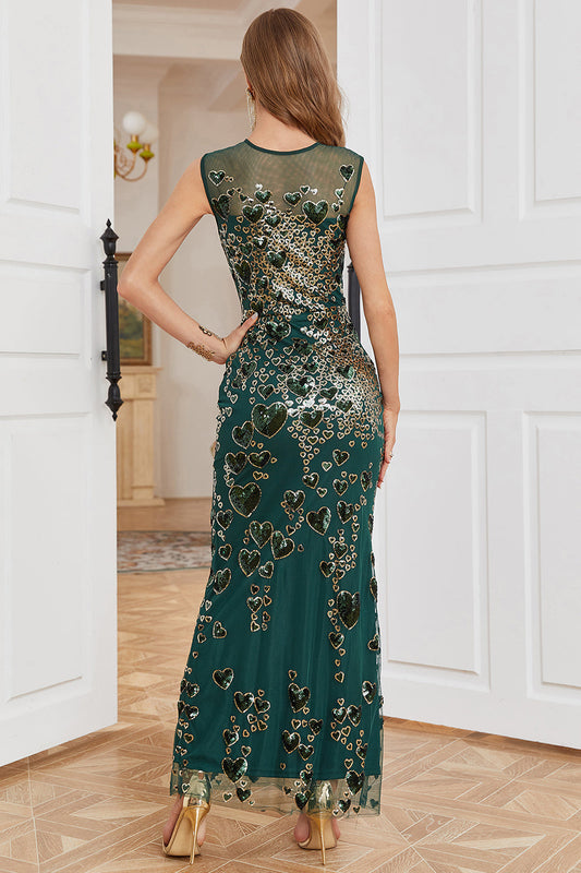 Robe de soirée fourreau vert foncé, col rond, perles