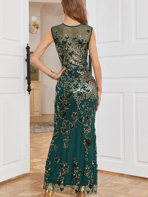 Robe de soirée fourreau vert foncé, col rond, perles