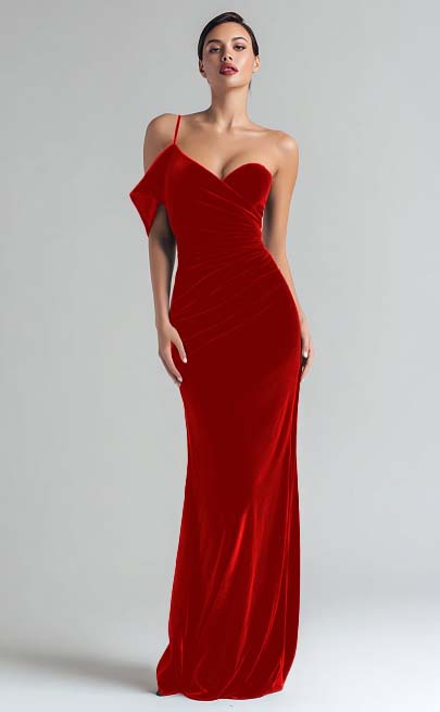 Robe de soirée longue fourreau en velours vert foncé à une épaule