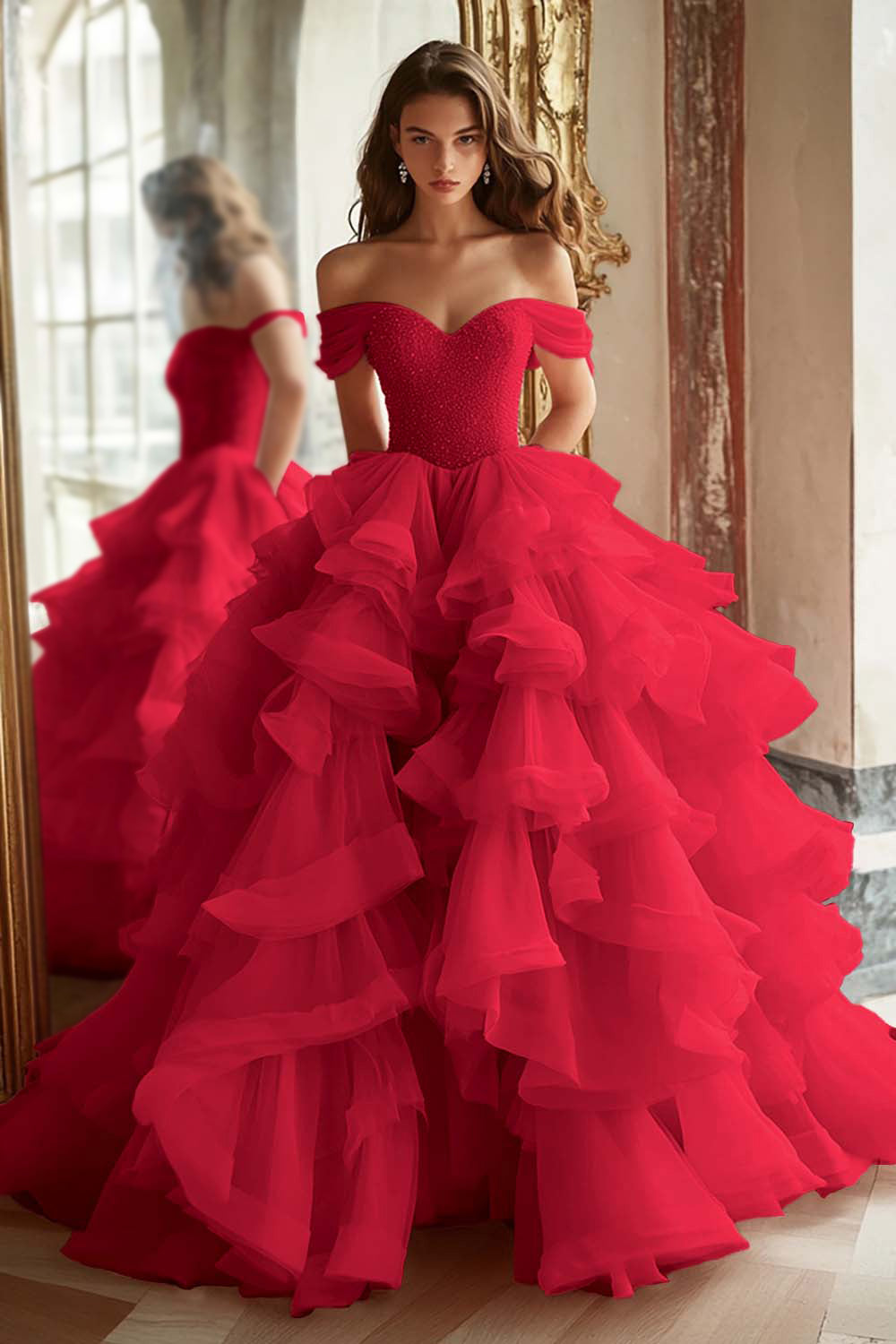Pink Princess Off-The-Shoulder Tiered Ruffled Long Prom Dress with Sequins