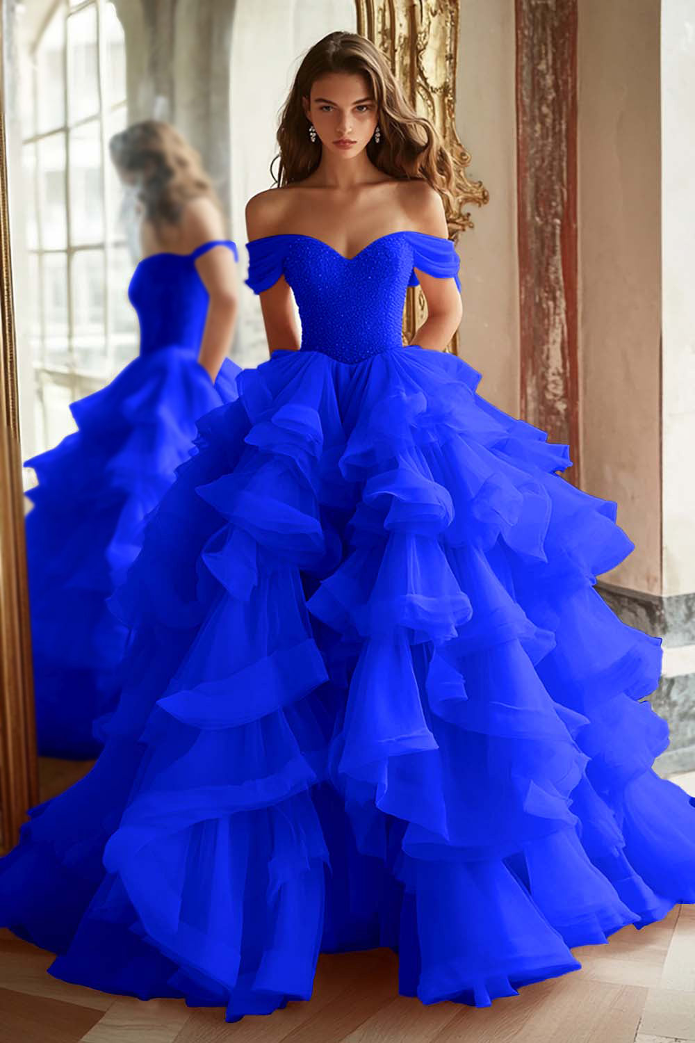 Pink Princess Off-The-Shoulder Tiered Ruffled Long Prom Dress with Sequins