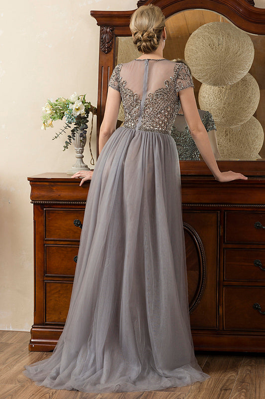 Robe Mère de la Mariée Grise Trapèze en Tulle Perlée Scintillante