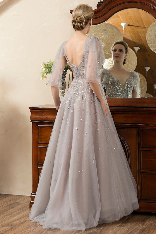 Grey A-Line Beaded Glitter Mother of the Bride Dress