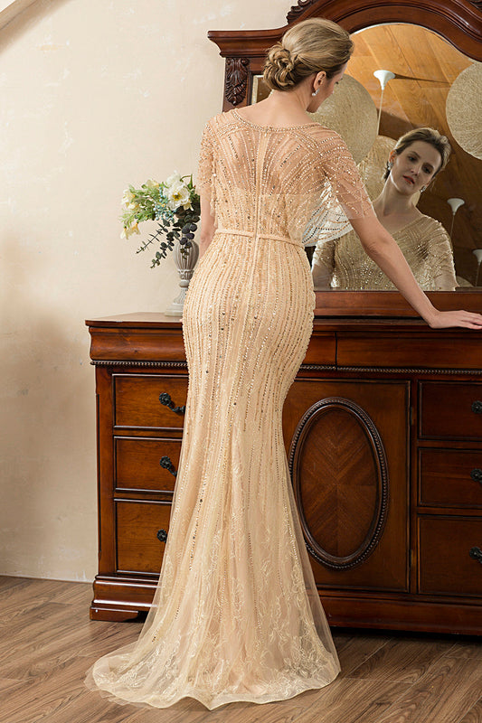Robe sirène de mère de mariée à col en V perlée et pailletée