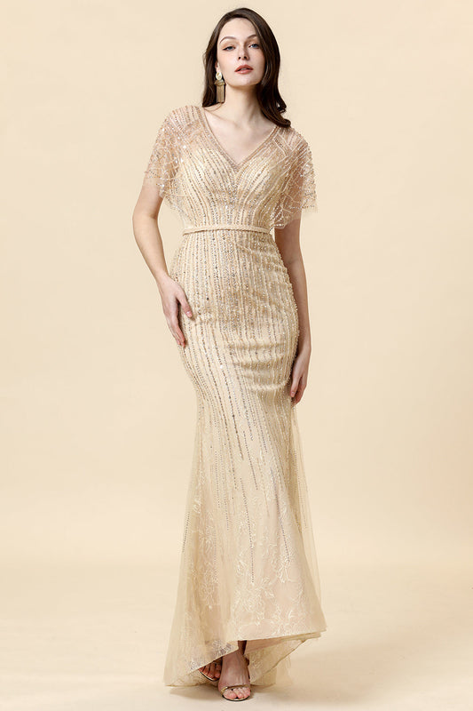 Robe de Soirée Longue Sirène avec Col en V et Perles Dorées