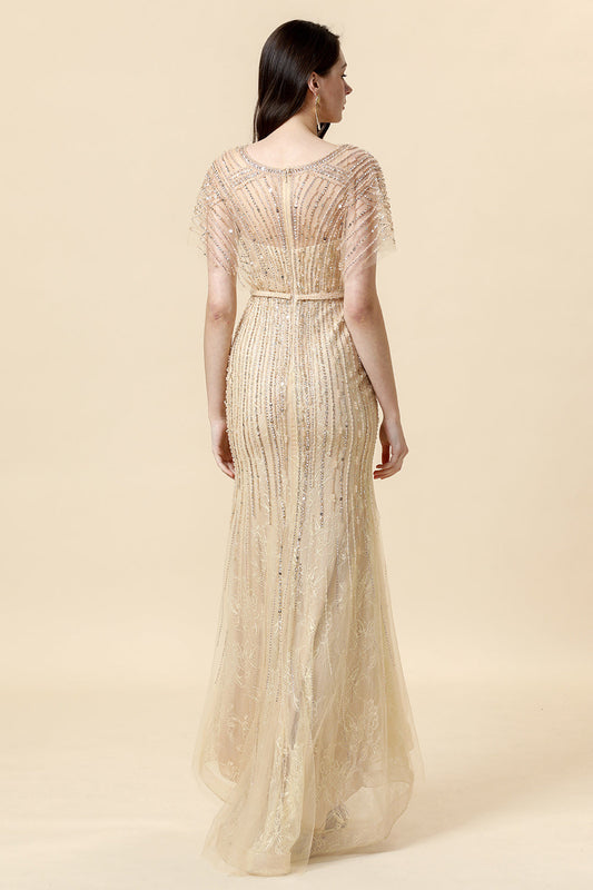 Robe de Soirée Longue Sirène avec Col en V et Perles Dorées