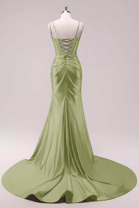 Robe de Bal Sirène Vert Sauge à Bretelles Fines avec Corset et Paillettes, Fendue