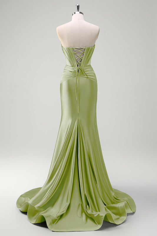 Sparkly Sage Mermaid Strapless Beaded Corset Ruched Satin Prom Dress with Slit
