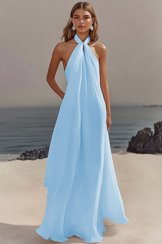 Robe de soirée en mousseline bleu ciel, élégante, avec licol